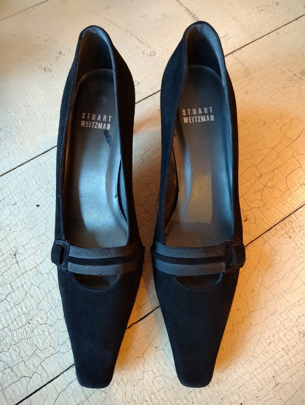 Stuart Weitzman Black Suede Square-Toe Heels with Strap Accent